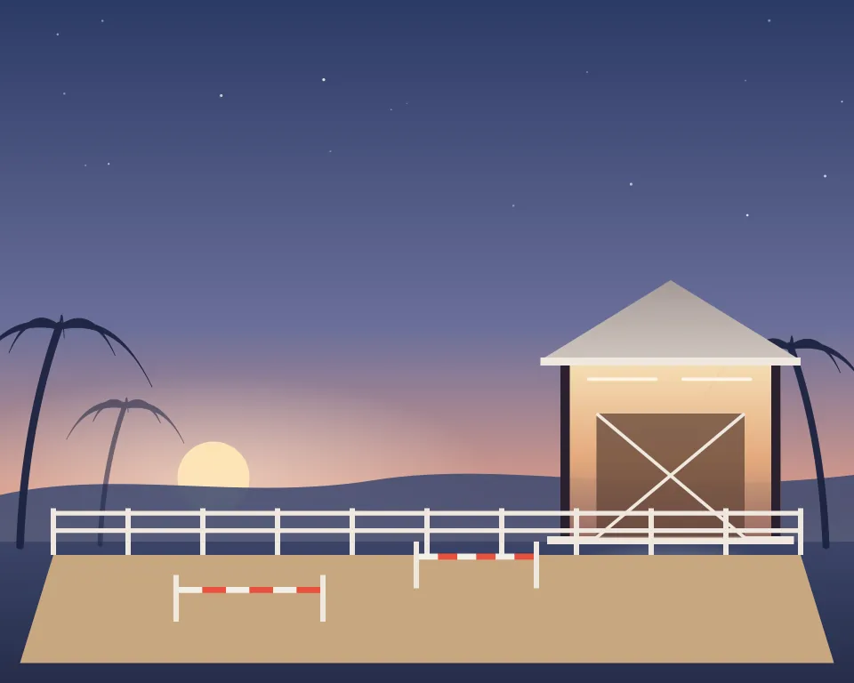 Drawn scene: a sand riding arena with show jumps and a stable.