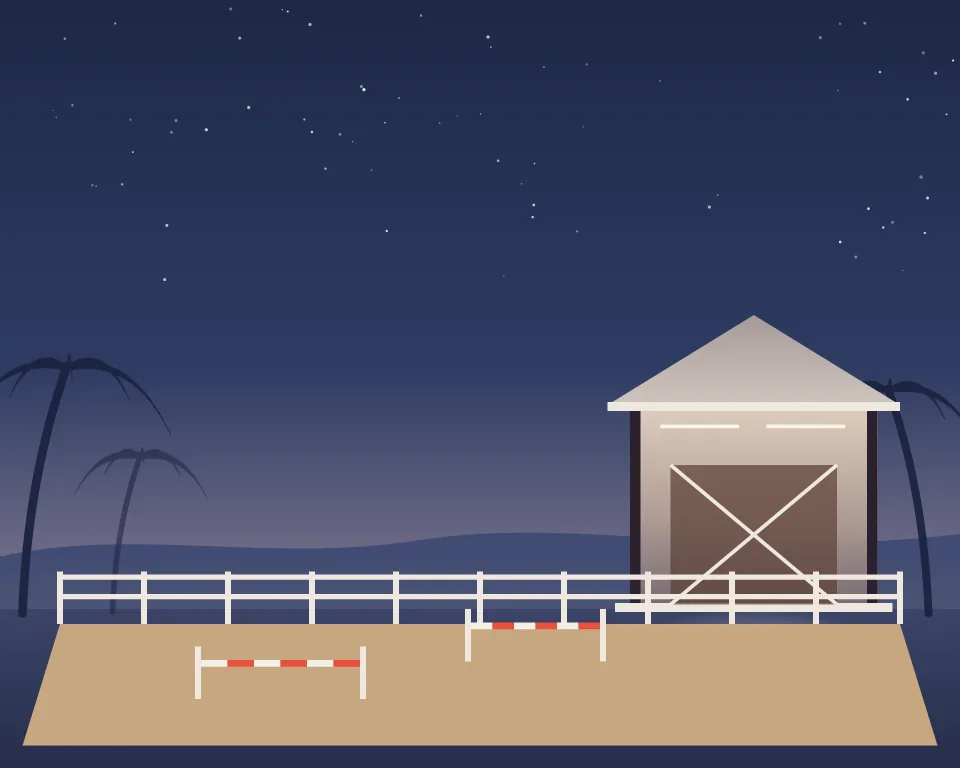 Drawn scene: a sand riding arena with show jumps and a stable.