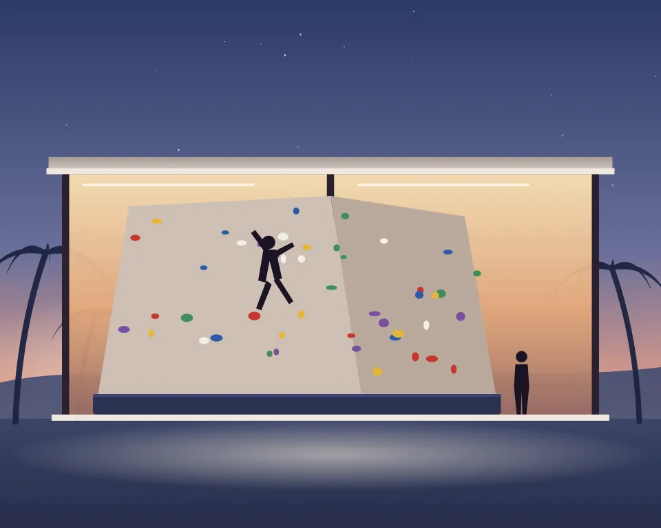 Drawn scene: a bouldering hall at dawn with an overhanging wall, coloured holds and crash mats.
