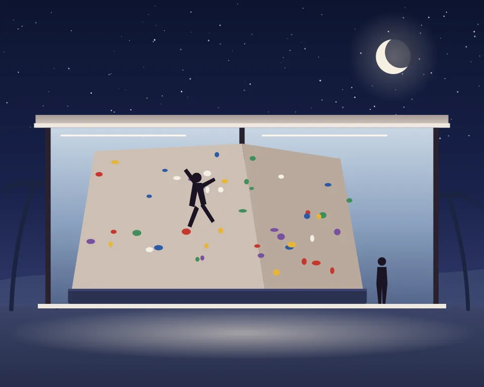 Drawn scene: a bouldering hall at night with an overhanging wall, coloured holds and crash mats.