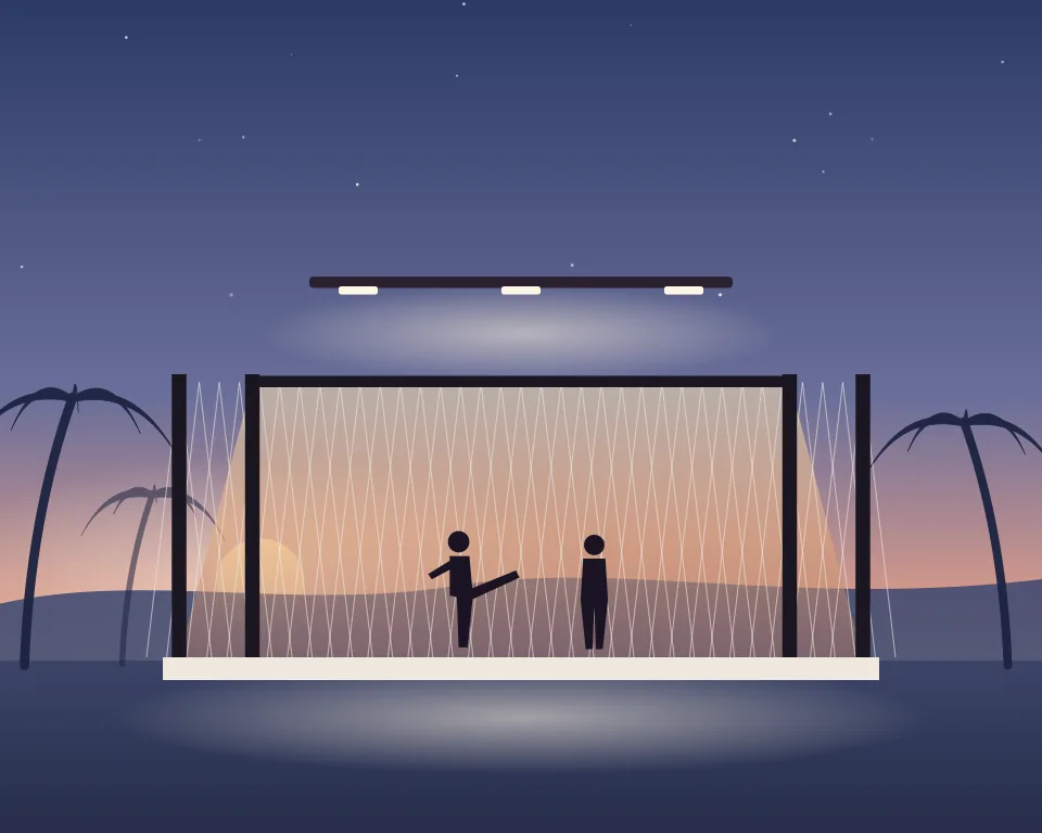 Drawn scene: an MMA cage under lights with two fighters.