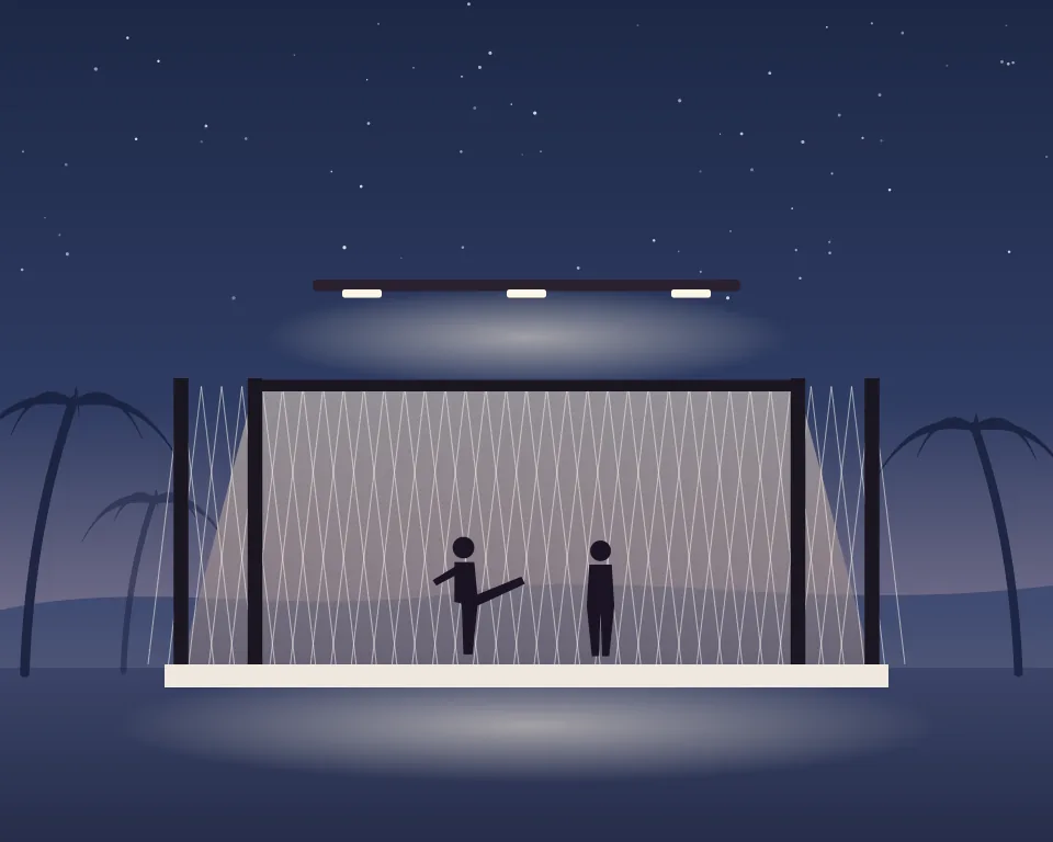 Drawn scene: an MMA cage under lights with two fighters.