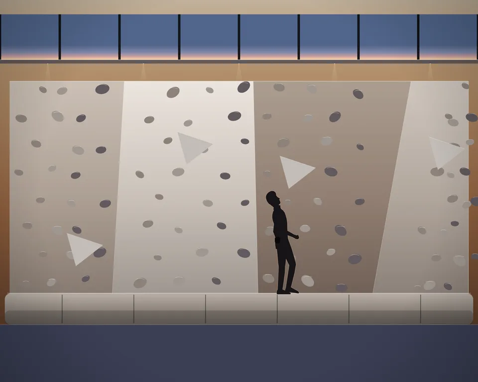 Drawn scene: a bouldering wall at dusk.