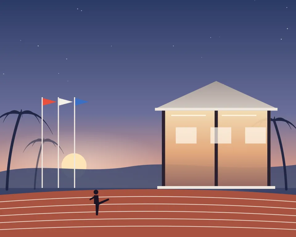 Drawn scene: a sports clubhouse with flags beside a running track.