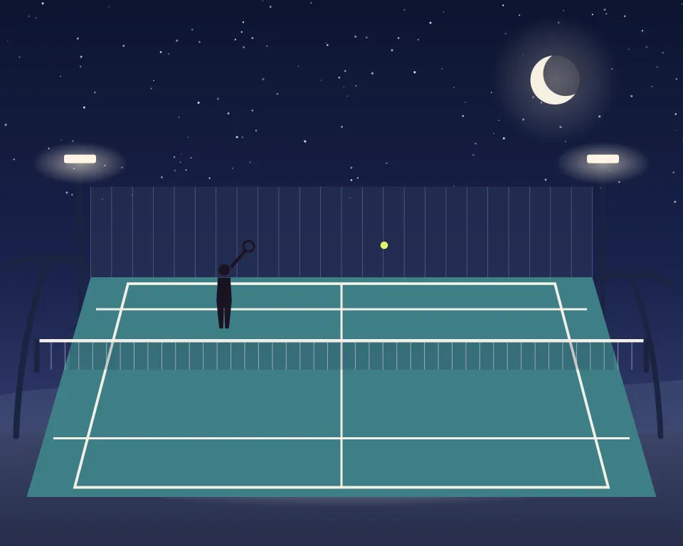 Drawn scene: a floodlit tennis court at night behind a mesh fence.