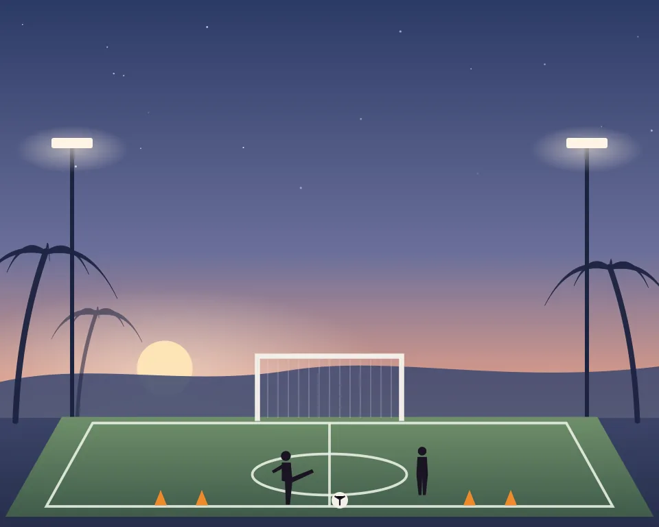 Drawn scene: a floodlit youth football pitch with a goal and cones.