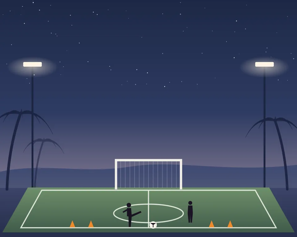Drawn scene: a floodlit youth football pitch with a goal and cones.