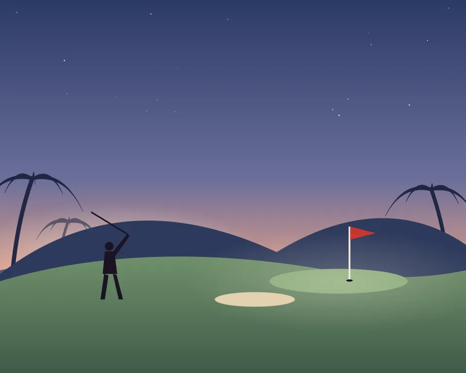 Drawn scene: a fairway at dawn running to a lit green with a flag, a bunker and a golfer.