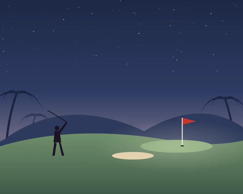 Drawn scene: a fairway at dusk running to a lit green with a flag, a bunker and a golfer.