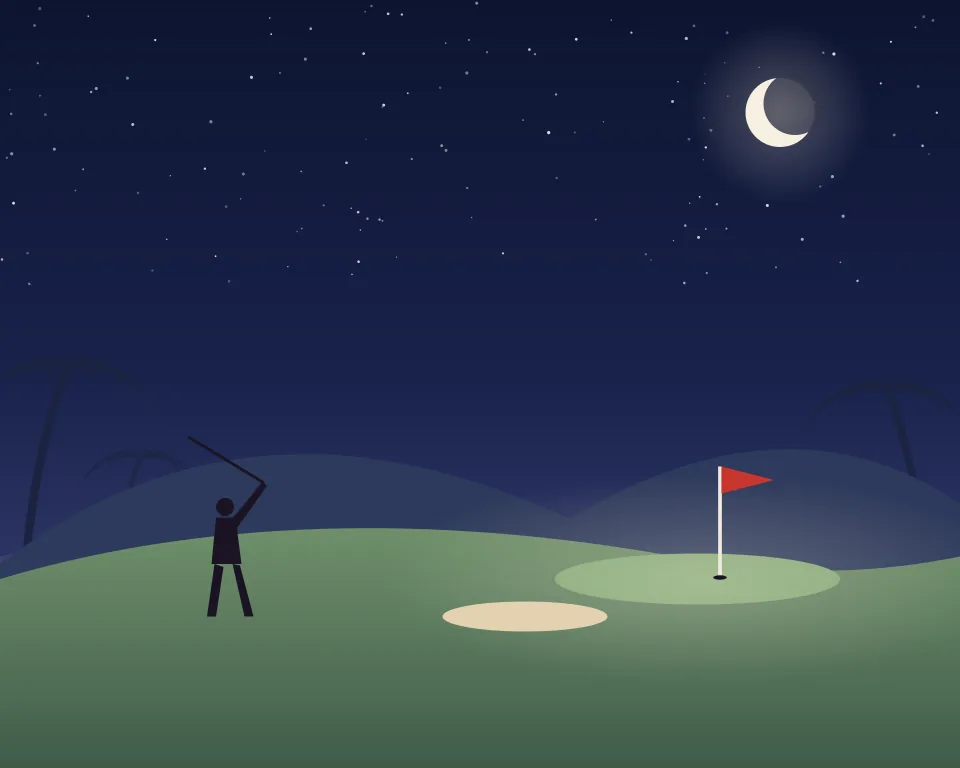 Drawn scene: a fairway at night running to a lit green with a flag, a bunker and a golfer.