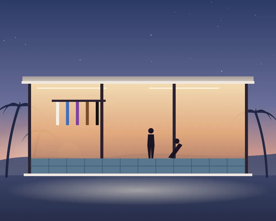 Drawn scene: a grappling academy with mats and belts on the wall.