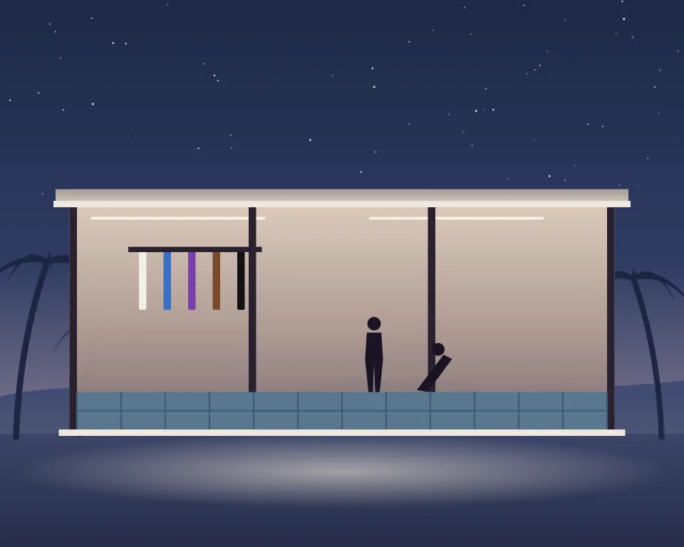 Drawn scene: a grappling academy with mats and belts on the wall.