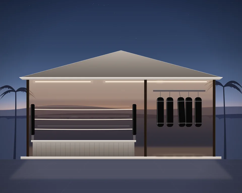 Drawn scene: an open Muay Thai camp at dusk with a ring and heavy bags.