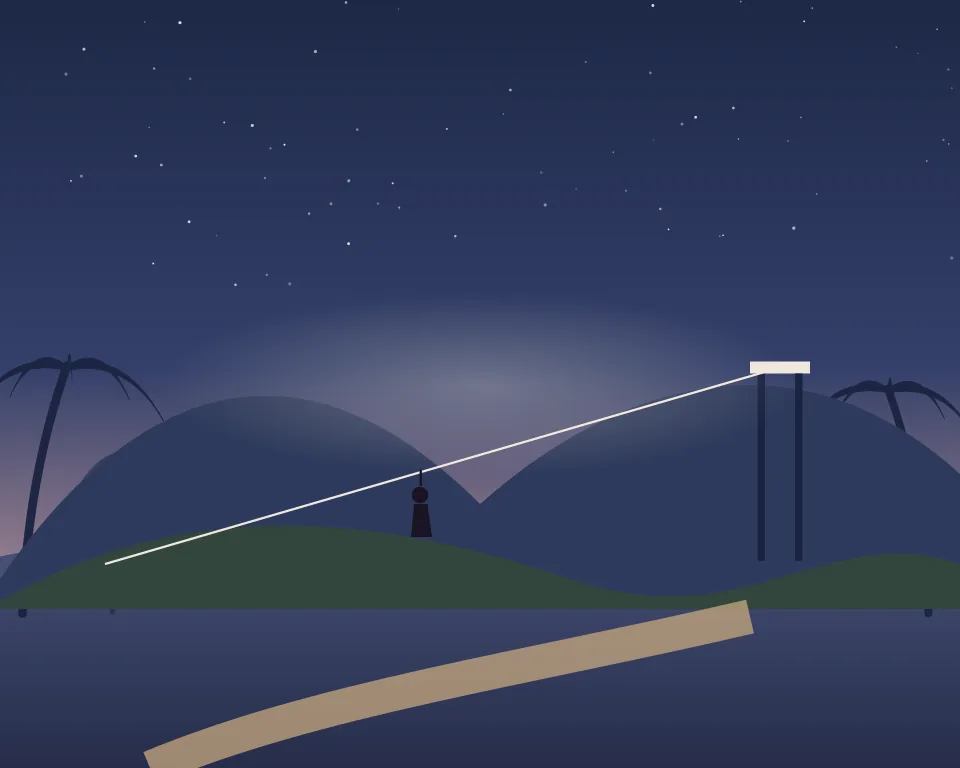 Drawn scene: green hills at dusk with a zipline and a trail.