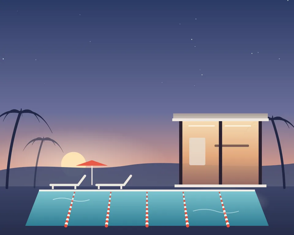 Drawn scene: a lit lap pool with lane ropes and sun loungers at dawn.