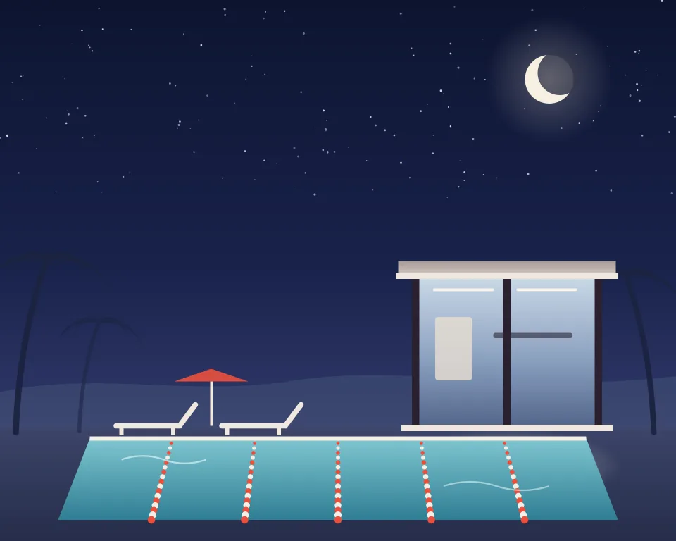 Drawn scene: a lit lap pool with lane ropes and sun loungers at night.