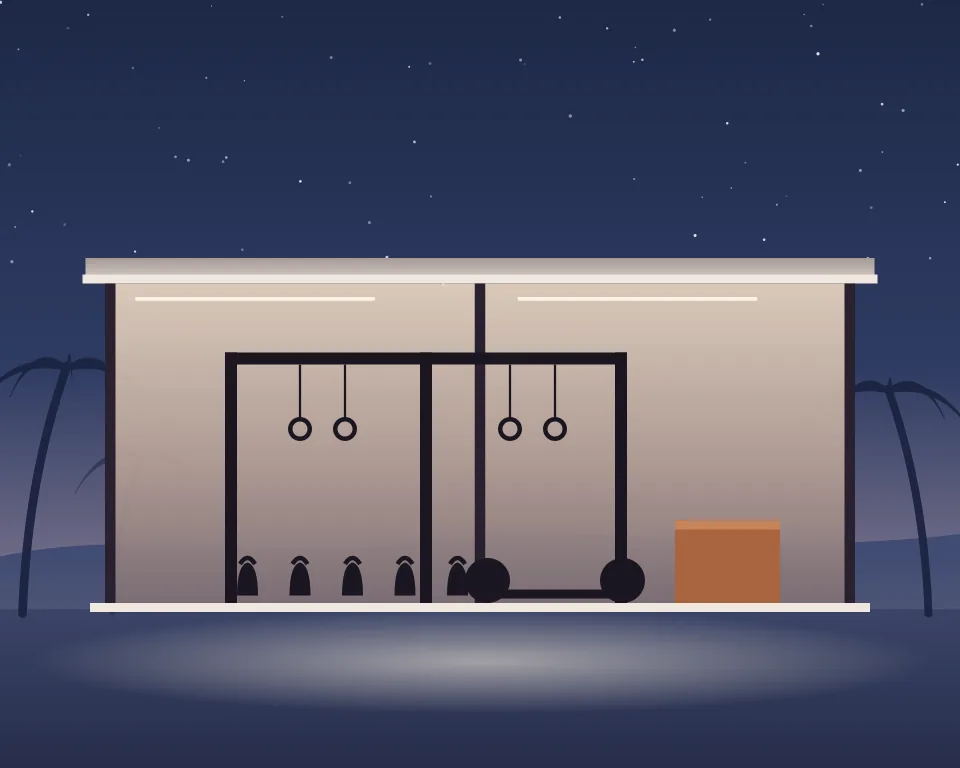 Drawn scene: a functional-training rig with rings, kettlebells and a box.