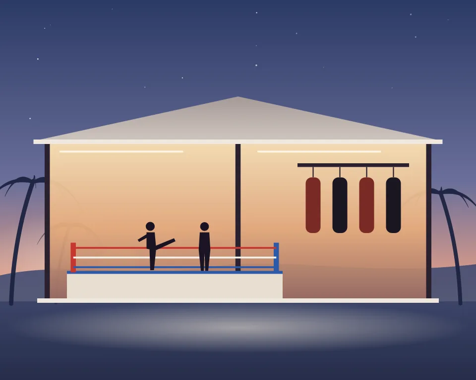 Drawn scene: an open-air Muay Thai camp at dawn with a raised ring and heavy bags.