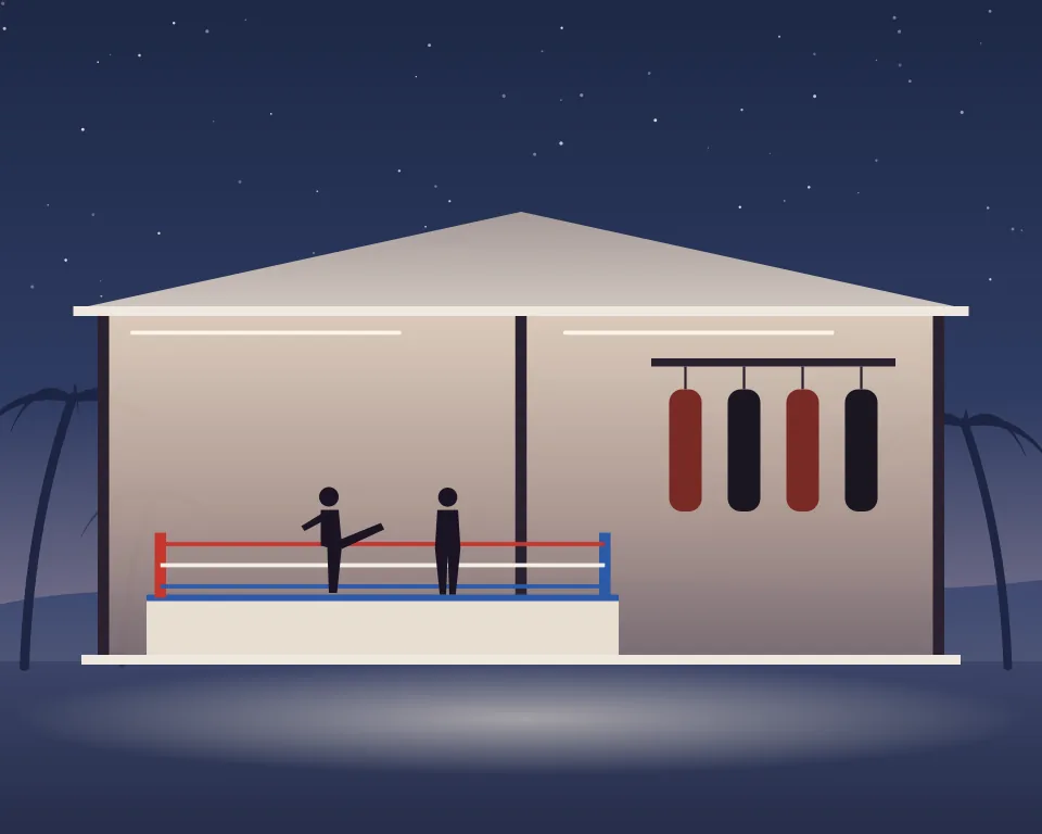 Drawn scene: an open-air Muay Thai camp at dusk with a raised ring and heavy bags.