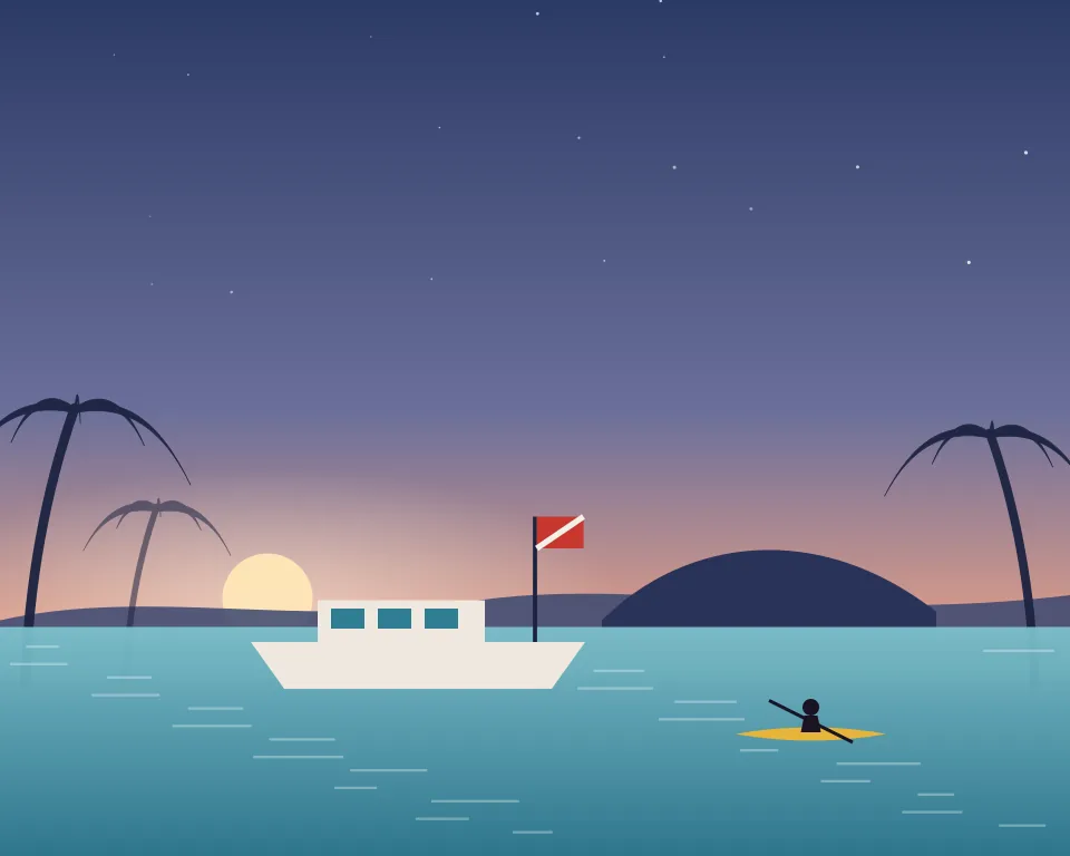 Drawn scene: open sea at dawn with a dive boat flying a dive flag and a kayak.