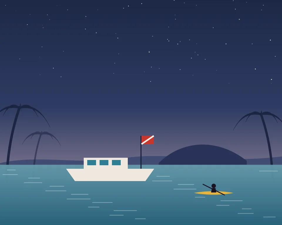 Drawn scene: open sea at dusk with a dive boat flying a dive flag and a kayak.
