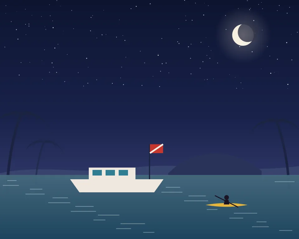 Drawn scene: open sea at night with a dive boat flying a dive flag and a kayak.