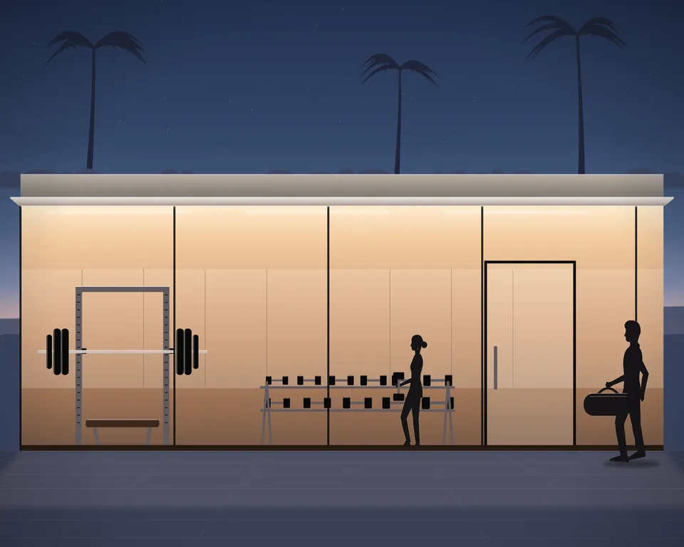 Illustration: a lit gym at dusk seen from the street, with a power rack, a bench and a dumbbell rack behind the glass.