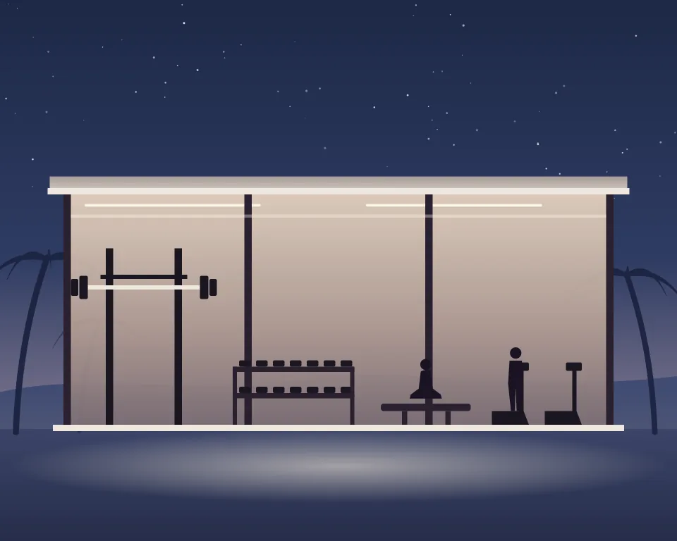 Drawn scene: a gym hall at dusk with a squat rack, dumbbells and treadmills.