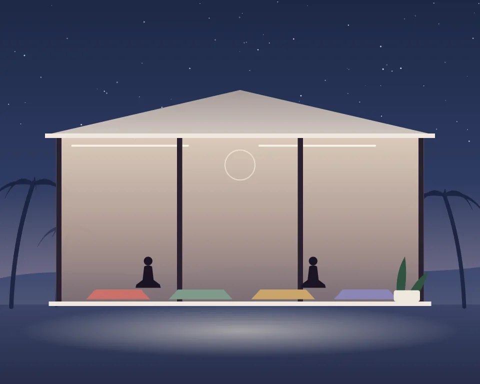 Drawn scene: a calm open studio with yoga mats at dusk.