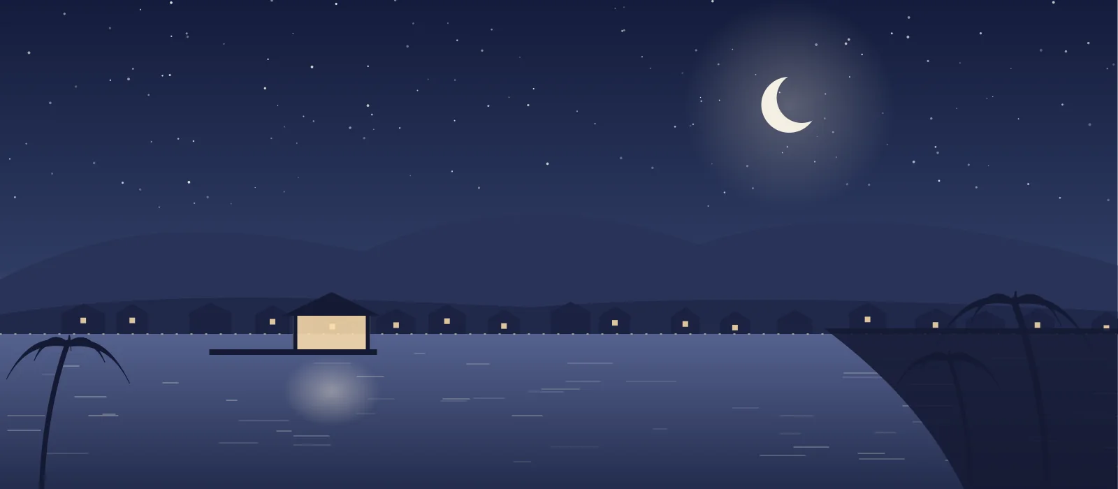 Illustration: a calm lake under low hills at night, lit houses along the shore and a small lit pavilion on a jetty.